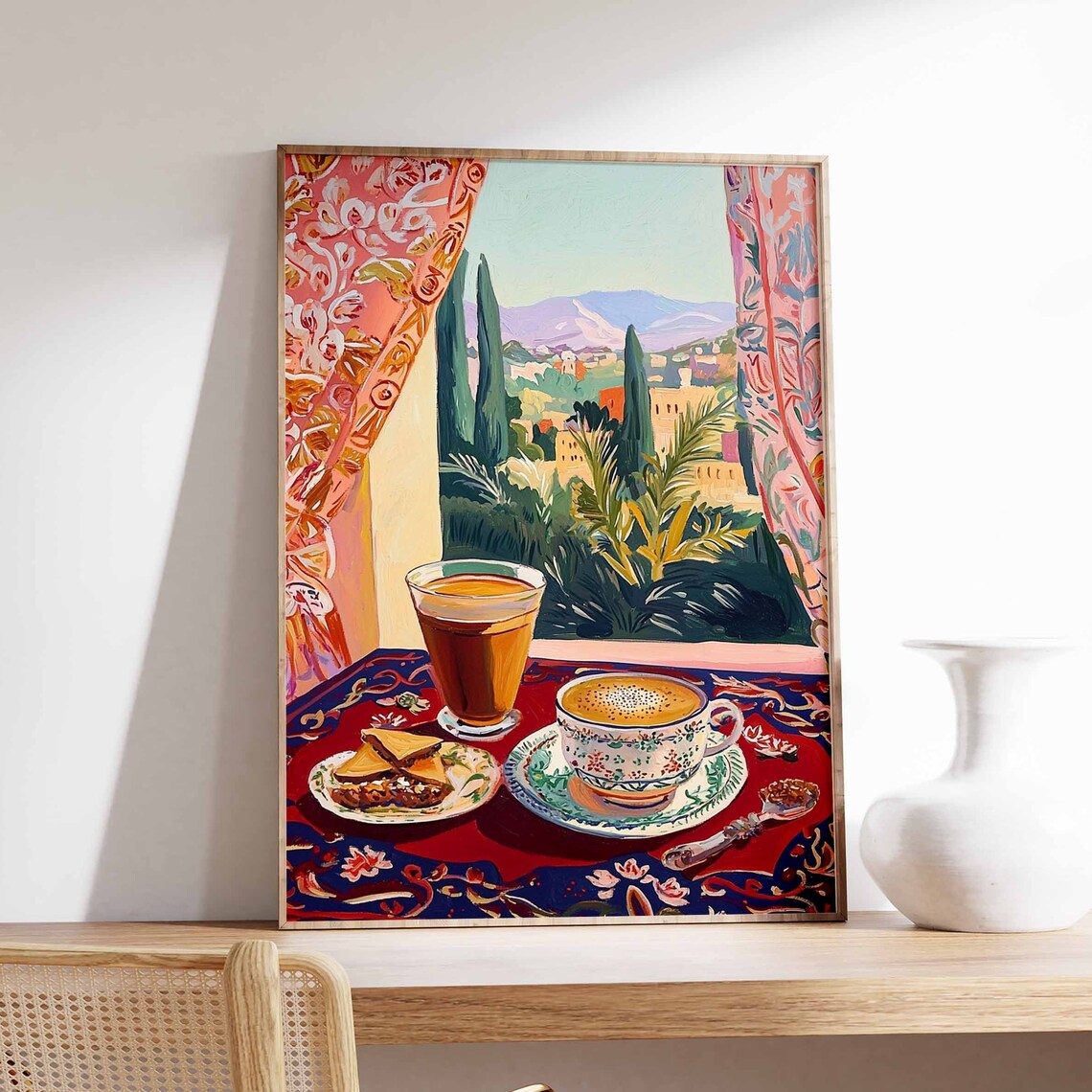 Tea and Coffee Baklava Slices Cypress Hills View Still Life Poster