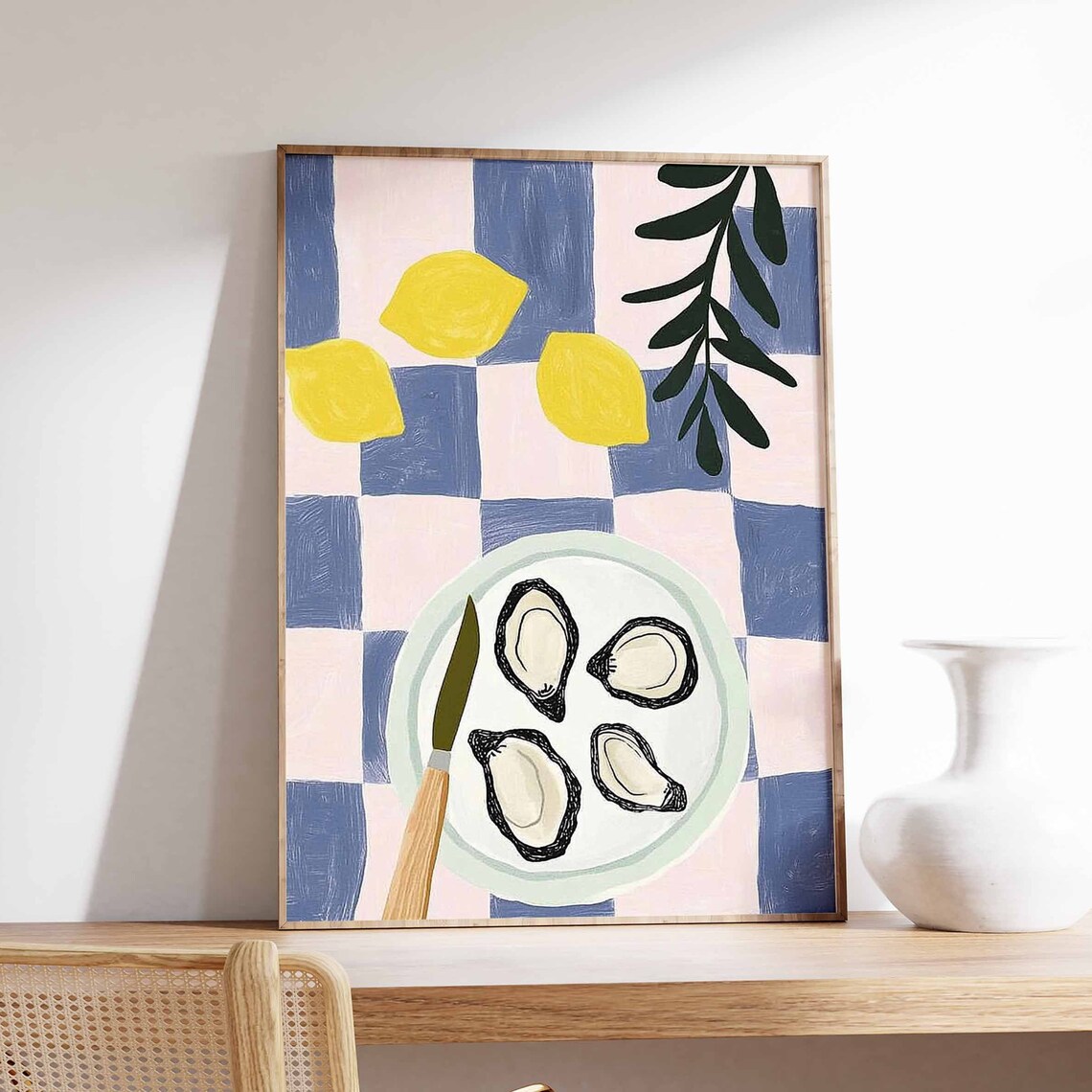 Oysters and Lemons Checkerboard Coastal Kitchen Food Wall Art