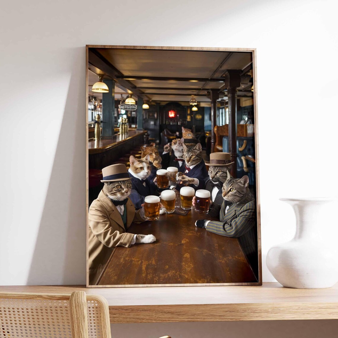 Eight Cats in Suits Toasting Beer at Vintage Pub Bar Funny Poster