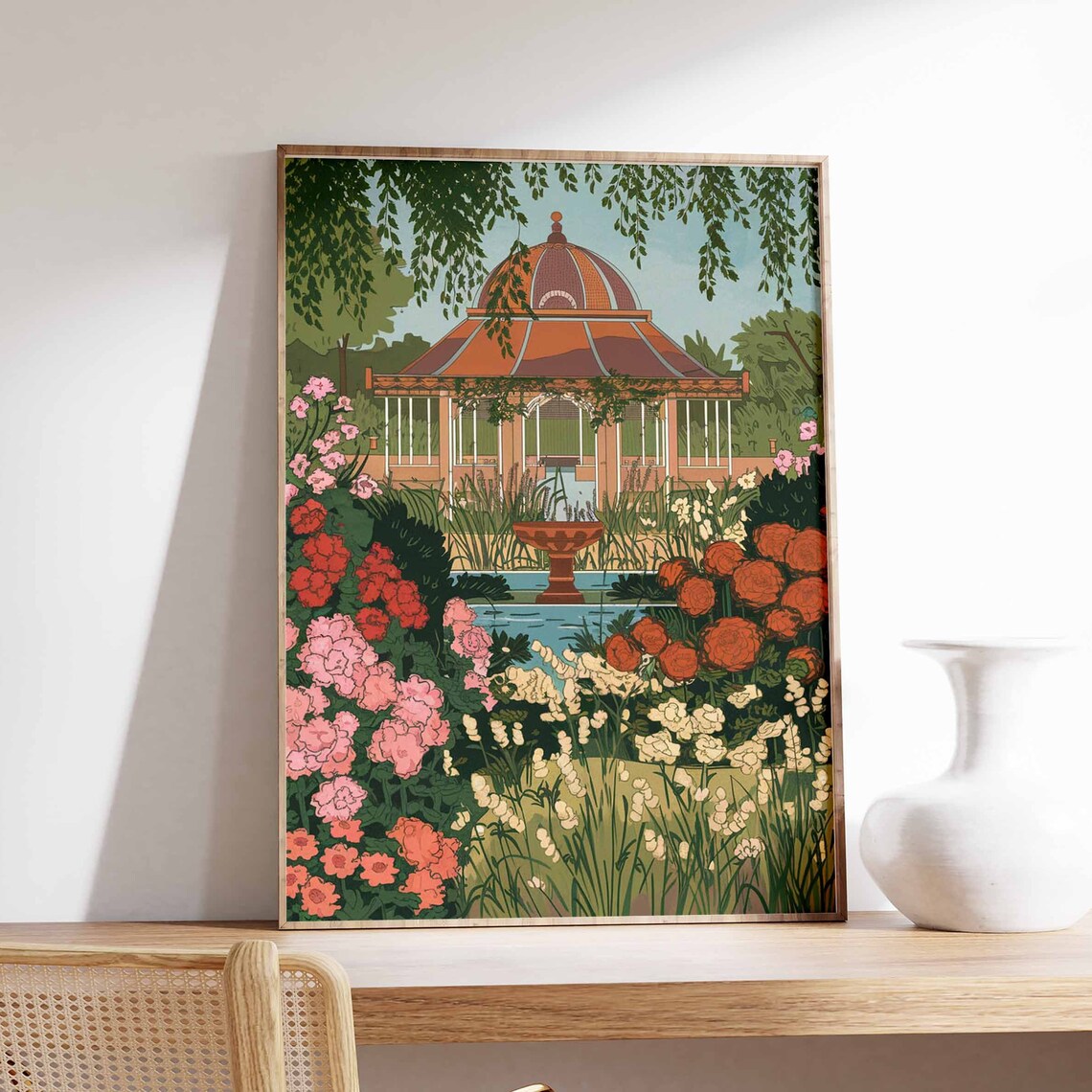 Vibrant Rose Garden Domed Pavilion Fountain Floral Art Poster