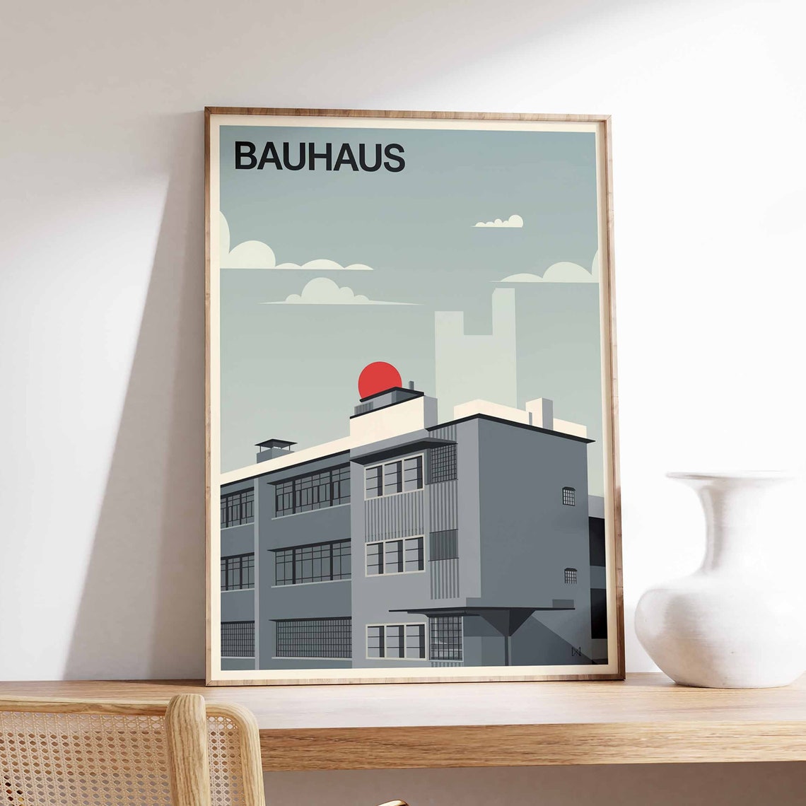 Bauhaus Modernist Building Red Sun Vintage Architecture Poster