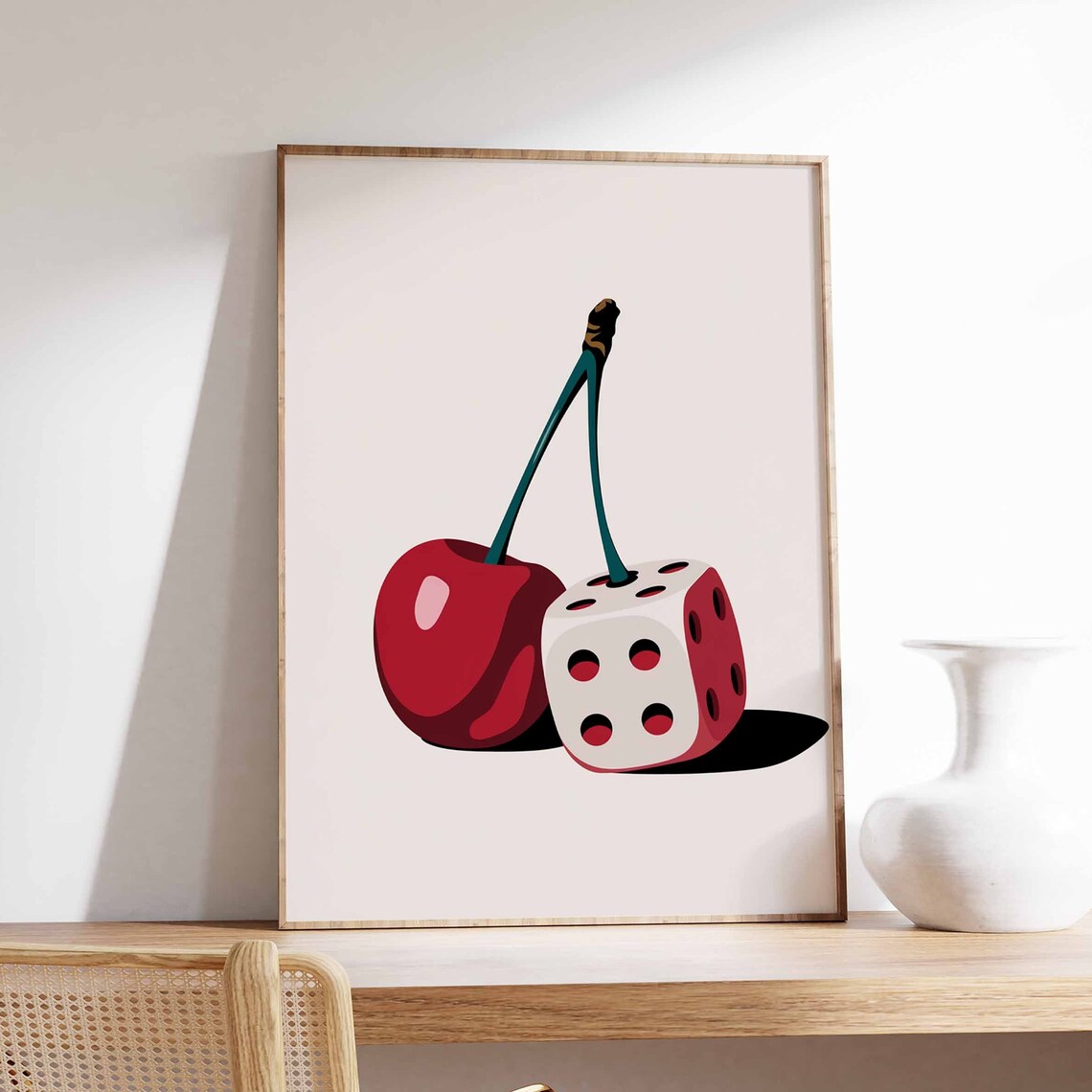 Red Cherry White Dice Red Dots Retro Pop Art Lucky Charm Poster