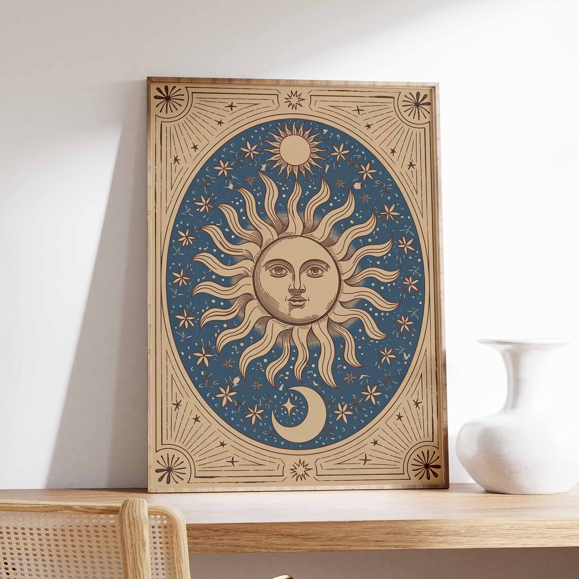 Woodcut Sun Face In Blue Oval With Crescent Moon Vintage Poster