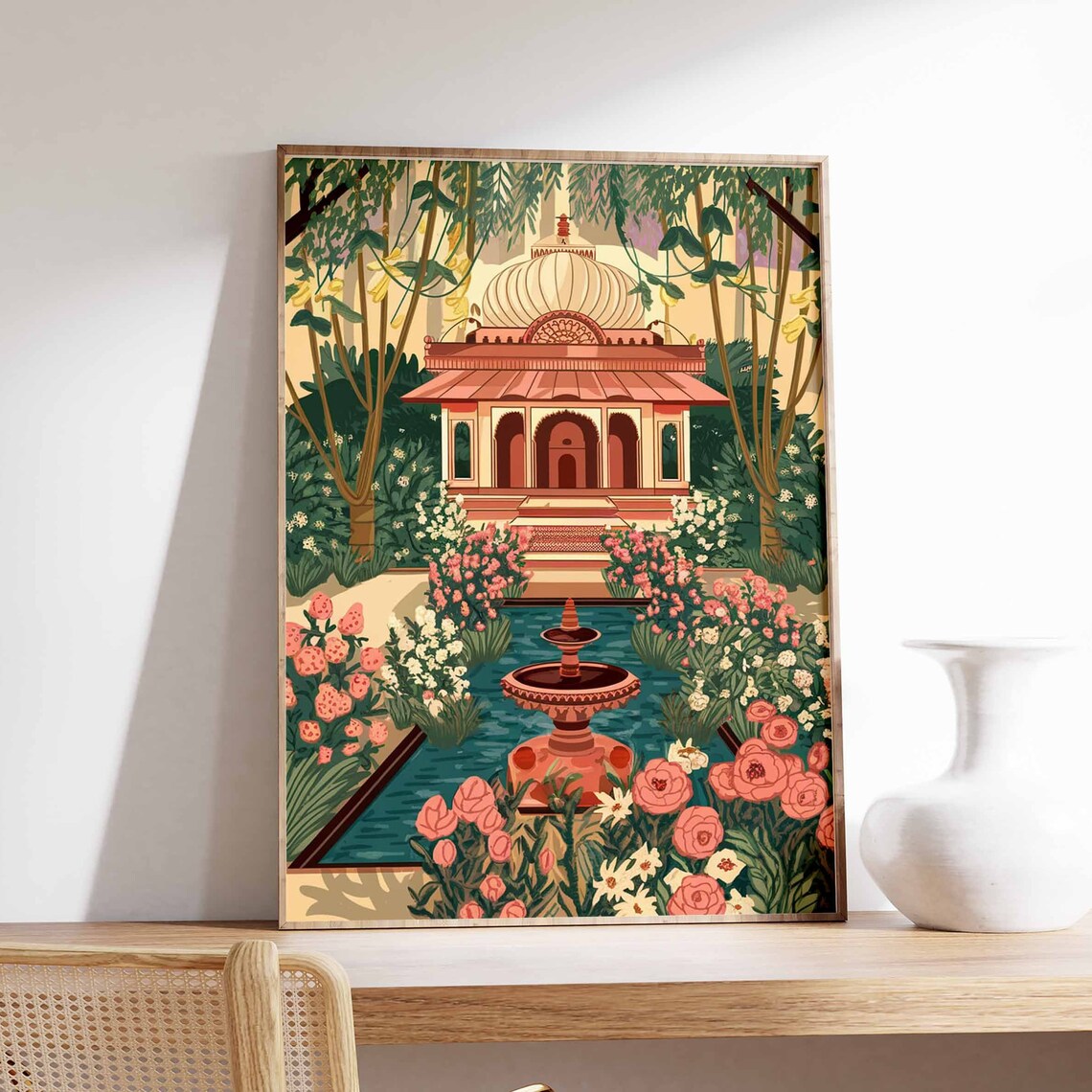 Indian Domed Pavilion Garden Fountain Rose Illustration Poster