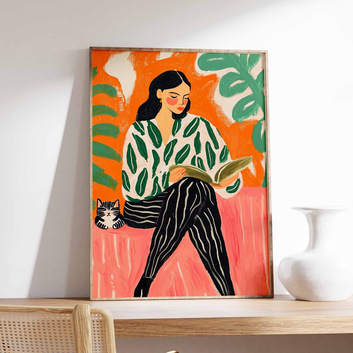 Woman Reading Leaf Patterned Blouse Cat Companion Modern Art Poster