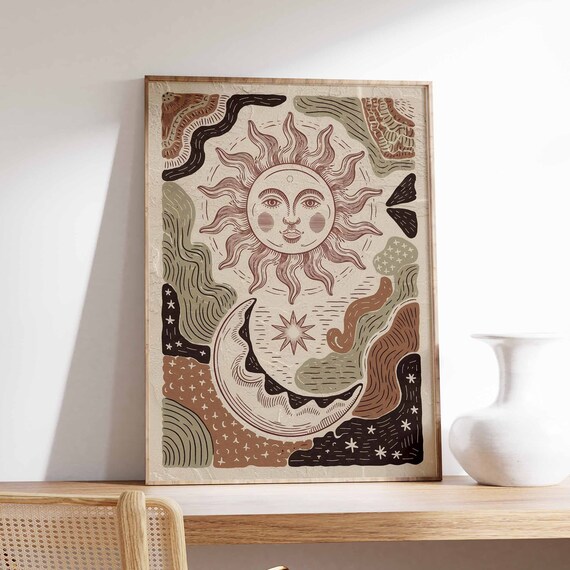 Boho Hand Drawn Sun Face And Crescent Moon Earthy Art Poster