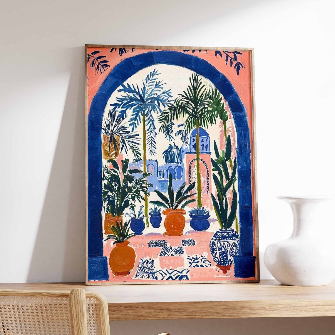 Blue Arch Courtyard With Palm Trees Potted Plants Art Poster