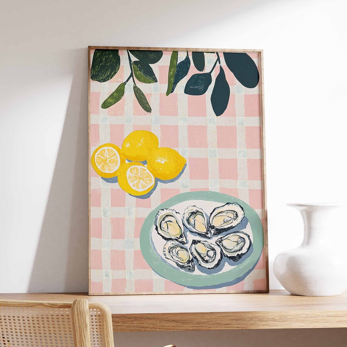 Six Oysters Teal Plate Lemon Leaves Pink Gingham Kitchen Wall Art