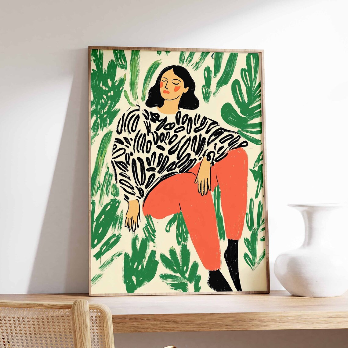 Resting Woman Black Patterned Top Coral Pants Botanical Poster