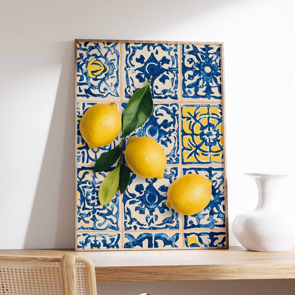 Bright Fresh Three Lemons with Leaves Blue Tile Citrus Art Poster