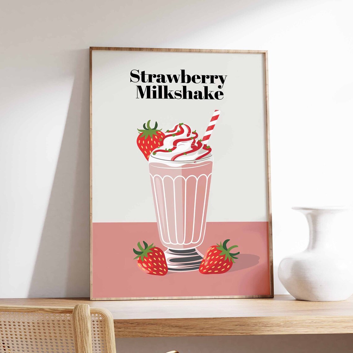 Strawberry Milkshake Classic Serif Cream Retro Kitchen Poster