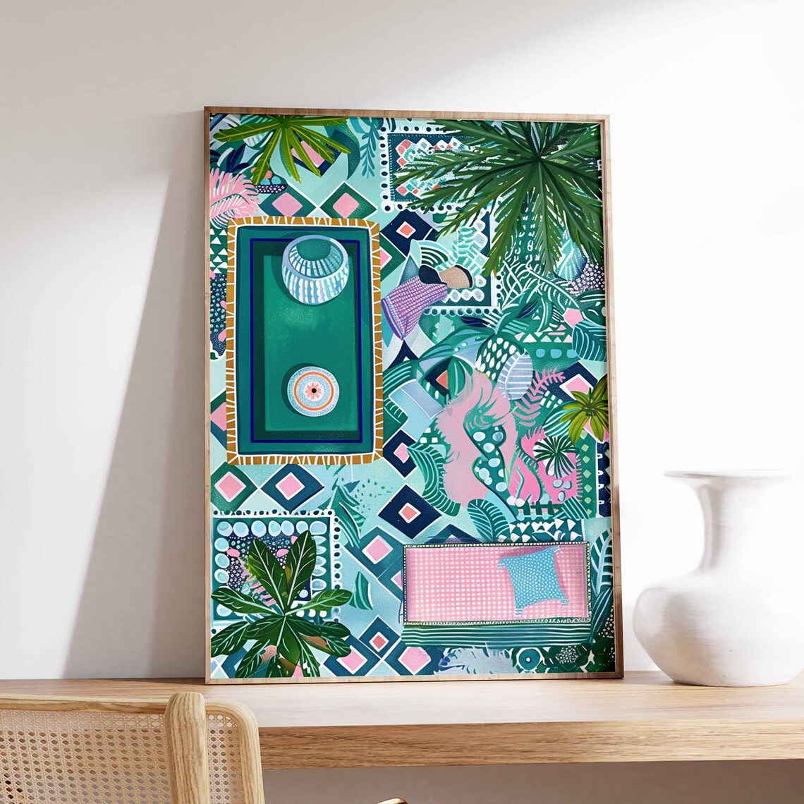 Aerial Pool View Palm Leaves Geometric Tile Pattern Art Print