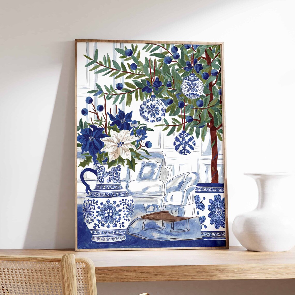 Blue White Chinoiserie Christmas Living Room Porcelain Art Poster