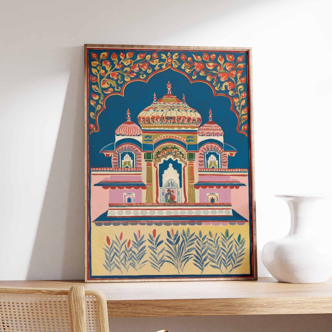 Pichwai Style Indian Temple Domes Midnight Blue Arch Folk Poster
