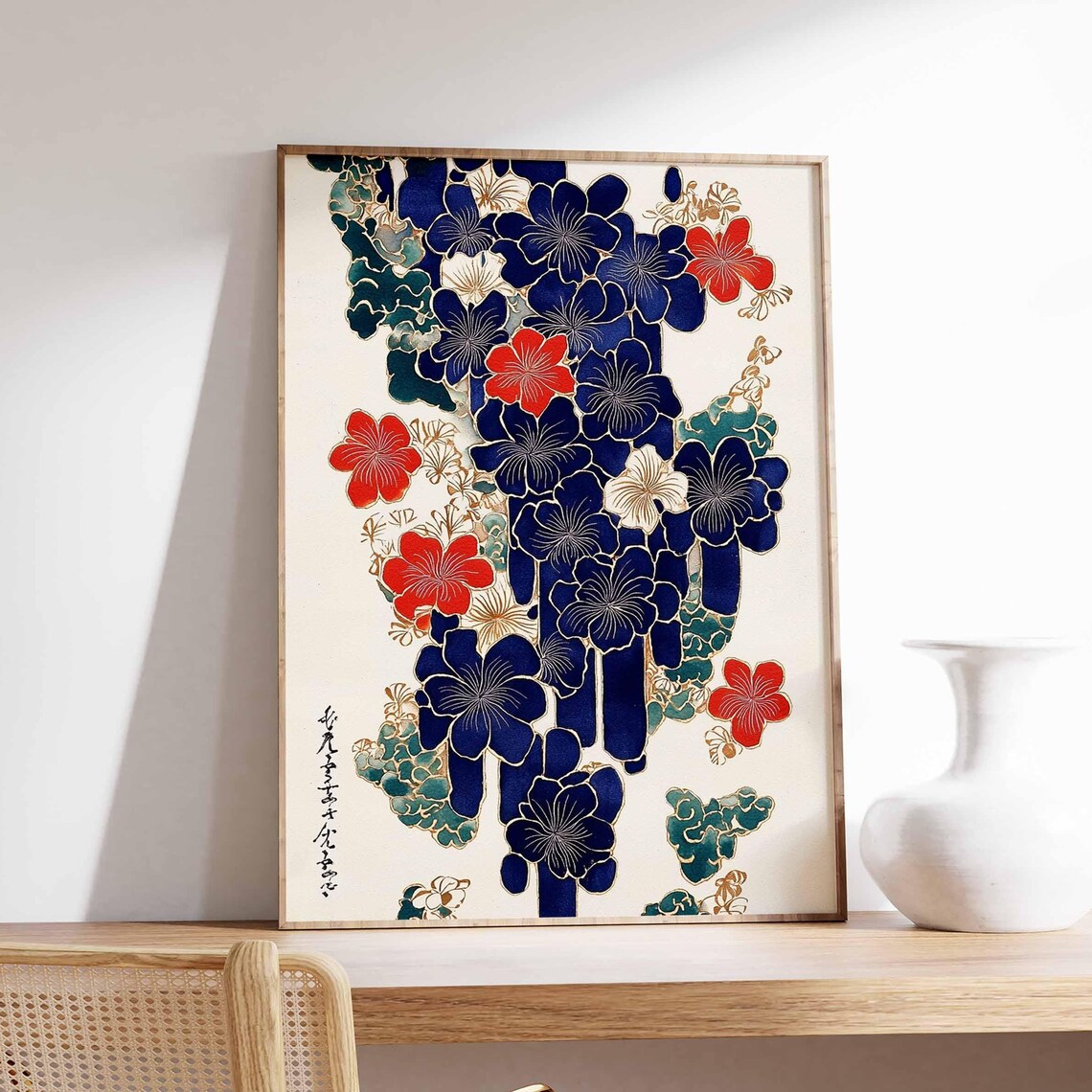 Japanese Navy Red Blossom Vine Bold Traditional Style Art Poster