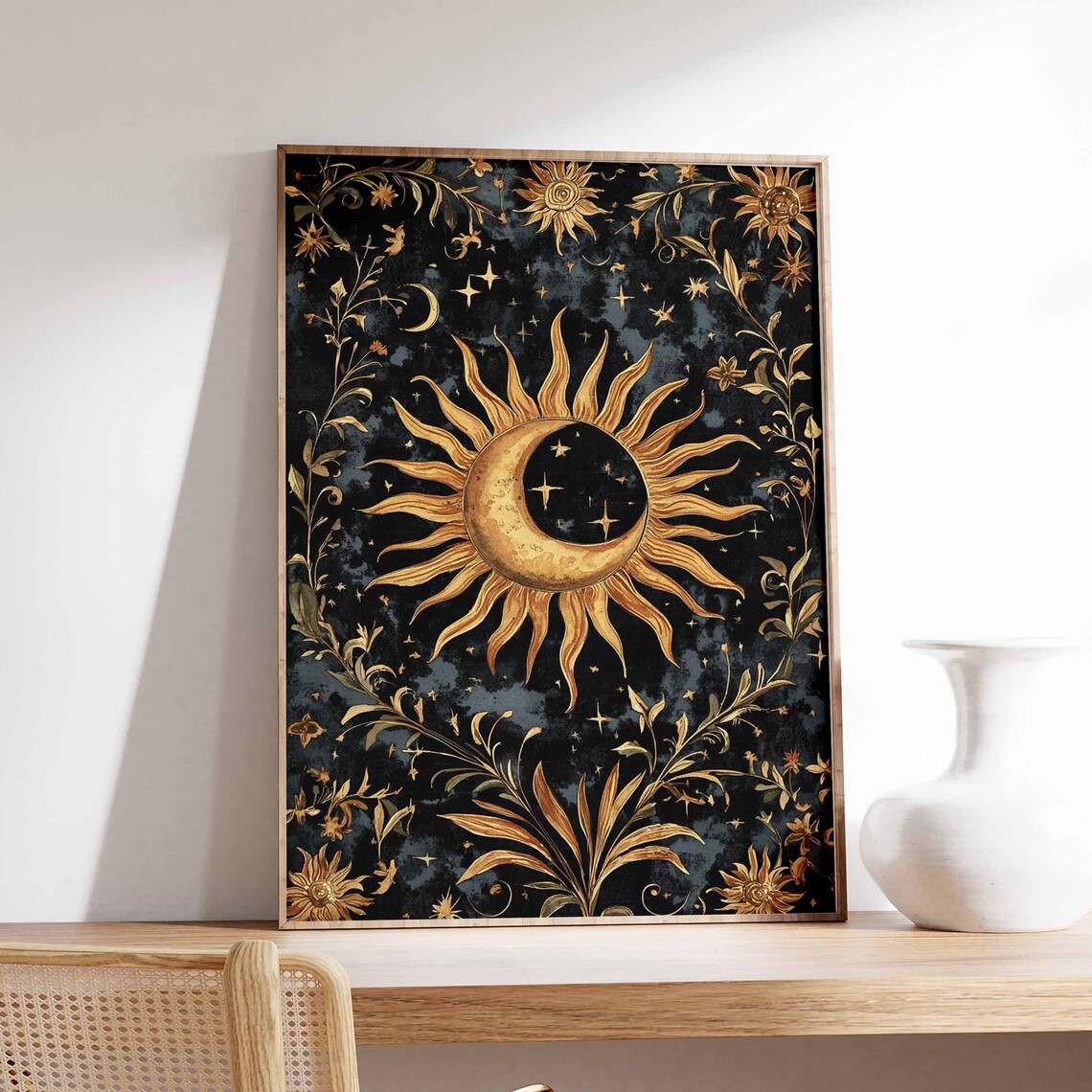 Golden Sun And Moon Rising Through Botanical Night Vines Poster