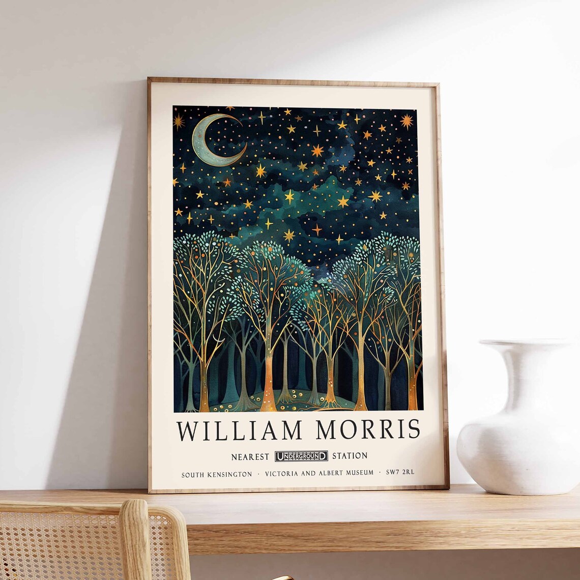 William Morris Night Forest Stars Moon Vintage London Art Poster