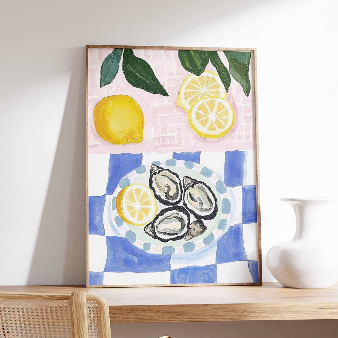 Oysters Lemon Slices Blue Gingham Coastal Kitchen Food Wall Art