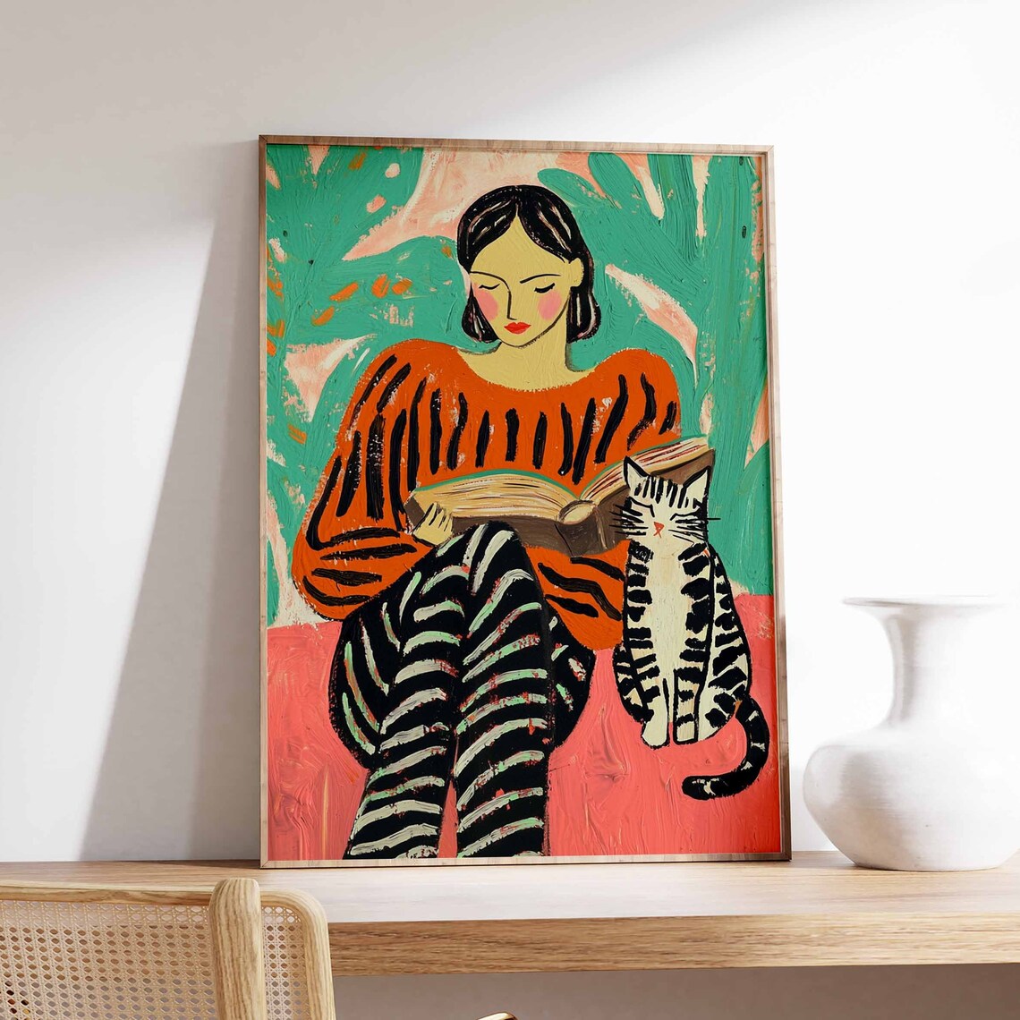 Book Art Cat Reading Poster, Retro Boho Library Print