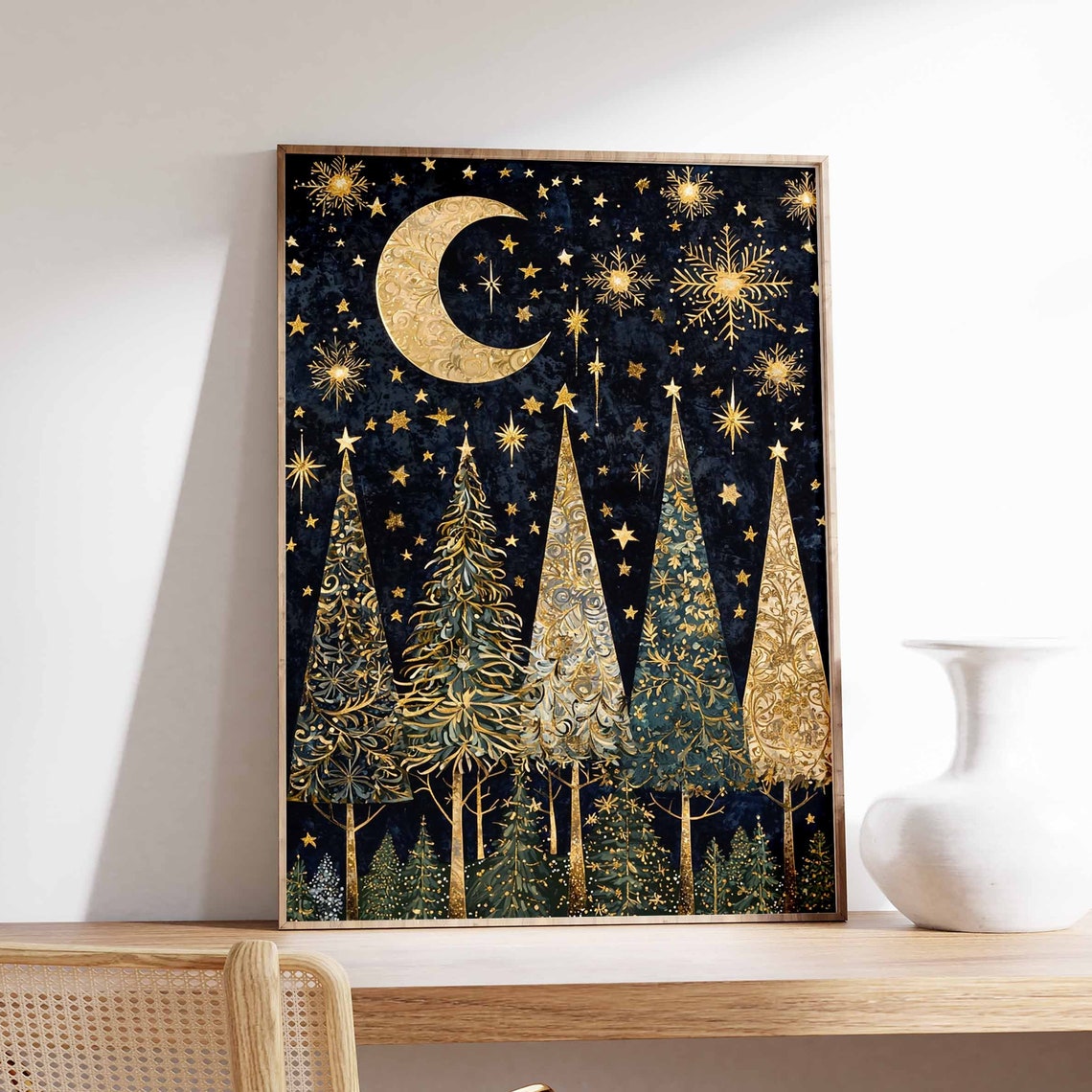 Golden Crescent Moon Above Christmas Trees Starry Night Poster