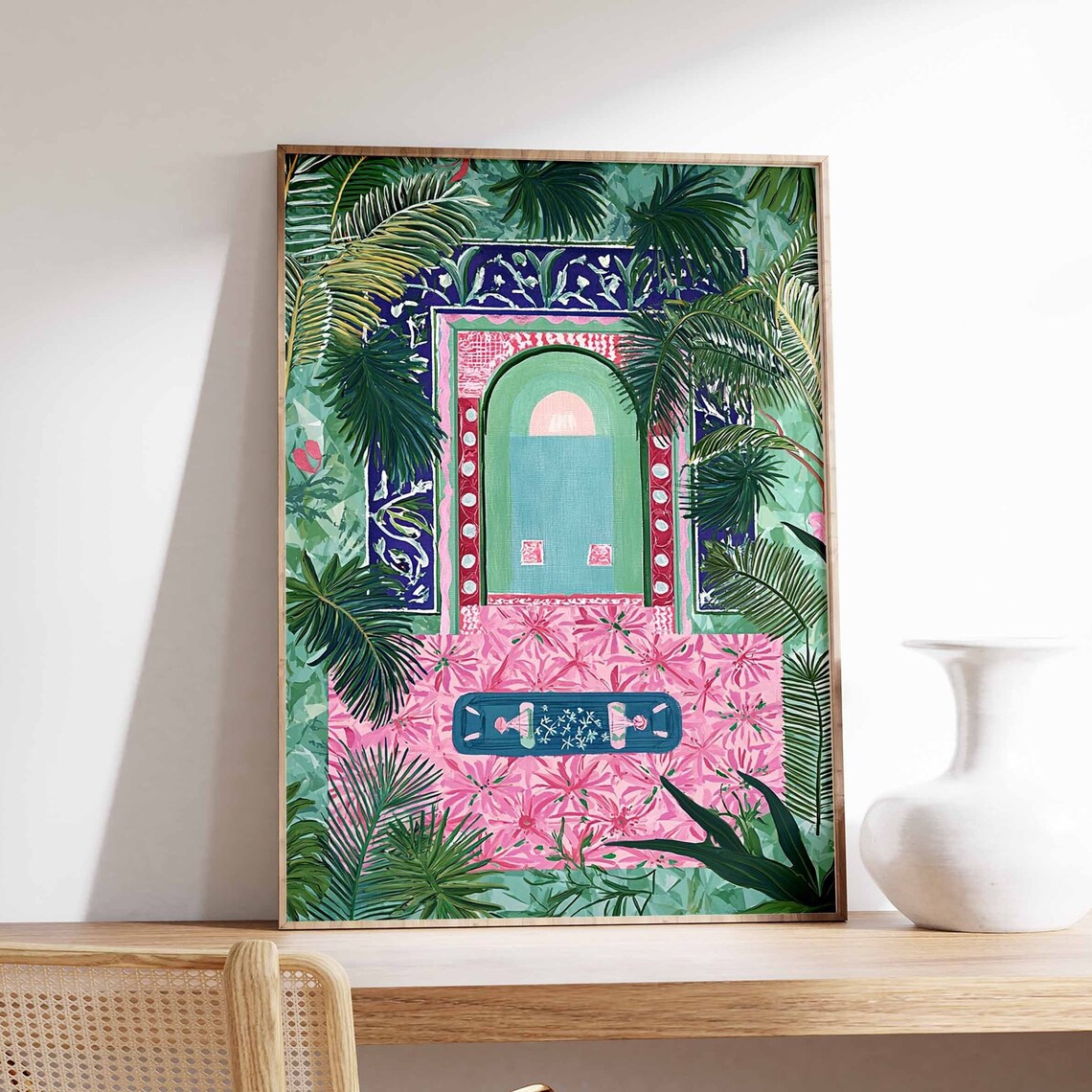 Tropical Arch Door Green Palms Pink Floral Garden Art Poster