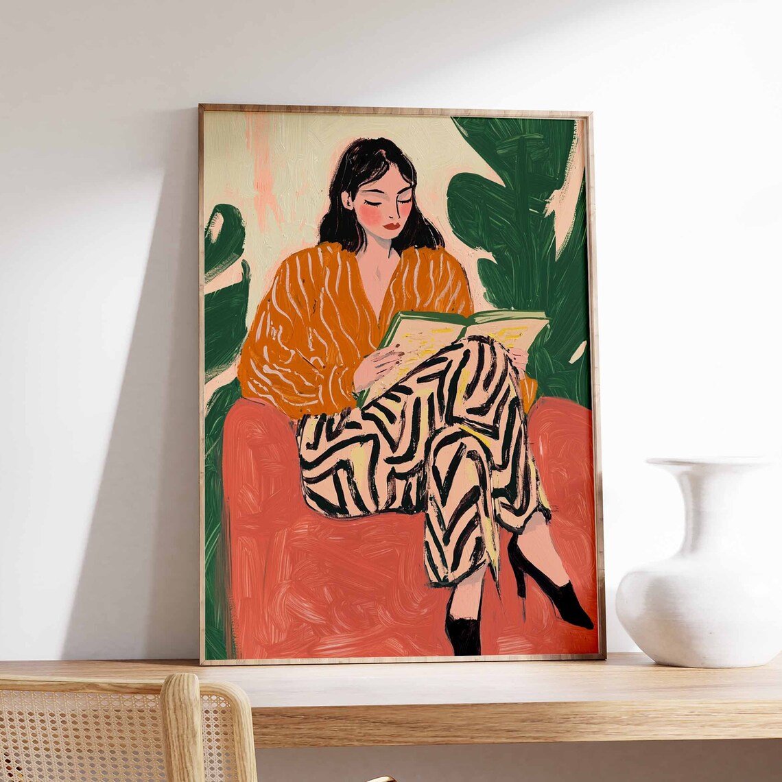 Woman Reading Orange Striped Blouse Zebra Pants Portrait Poster
