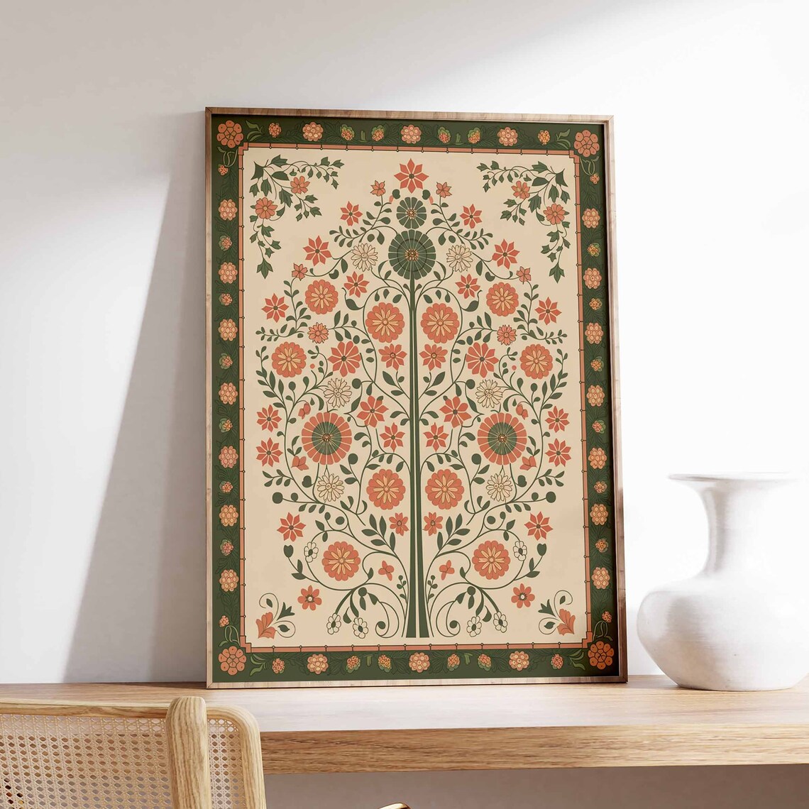 Marigold Daisy Indian Tree of Life Green Border Poster Folk Art Gift