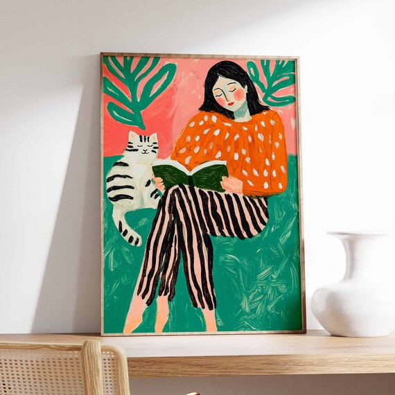 Woman Reading With Tabby Cat Orange Dotted Blouse Art Poster