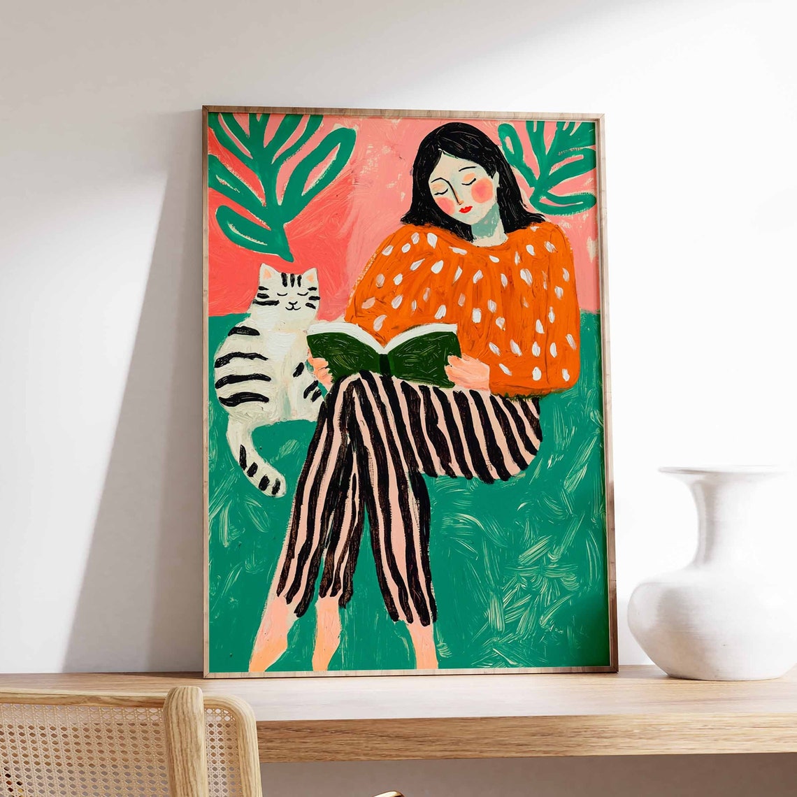 Woman Reading With Tabby Cat Orange Dotted Blouse Art Poster