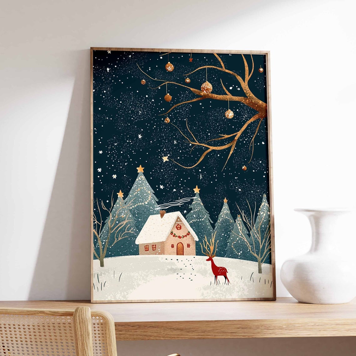 Charming Christmas Cottage With Golden Tree And Red Deer Poster