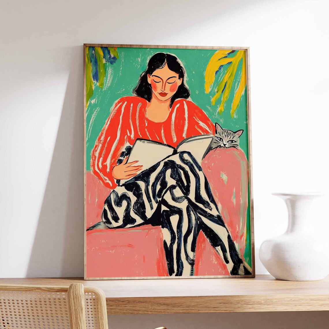 Woman Reading Book With Gray Cat Cozy Modern Art Illustration Poster