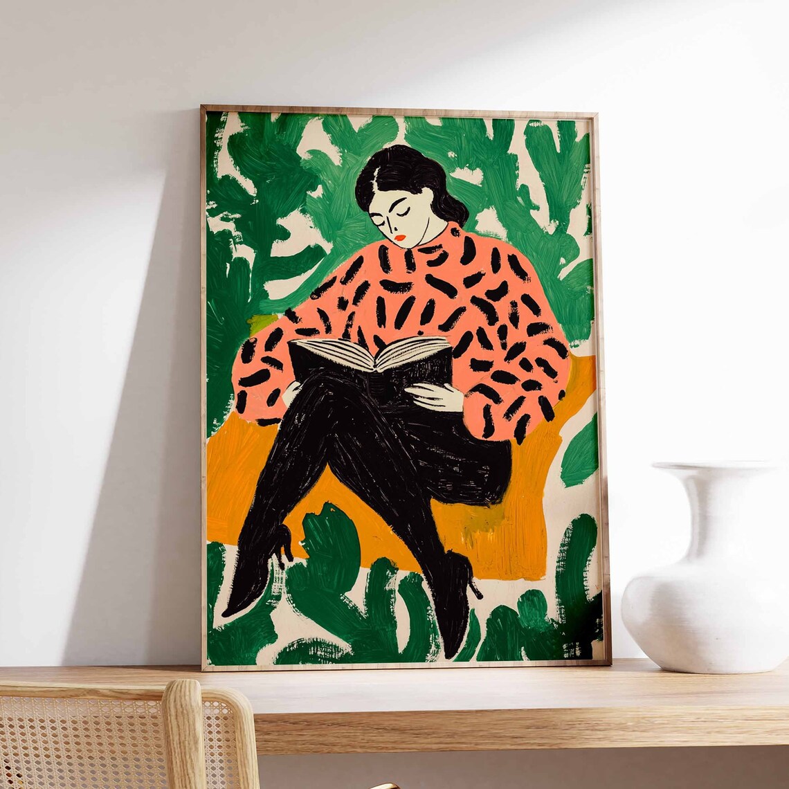 Woman Reading Book Coral Spotted Blouse Botanical Art Poster