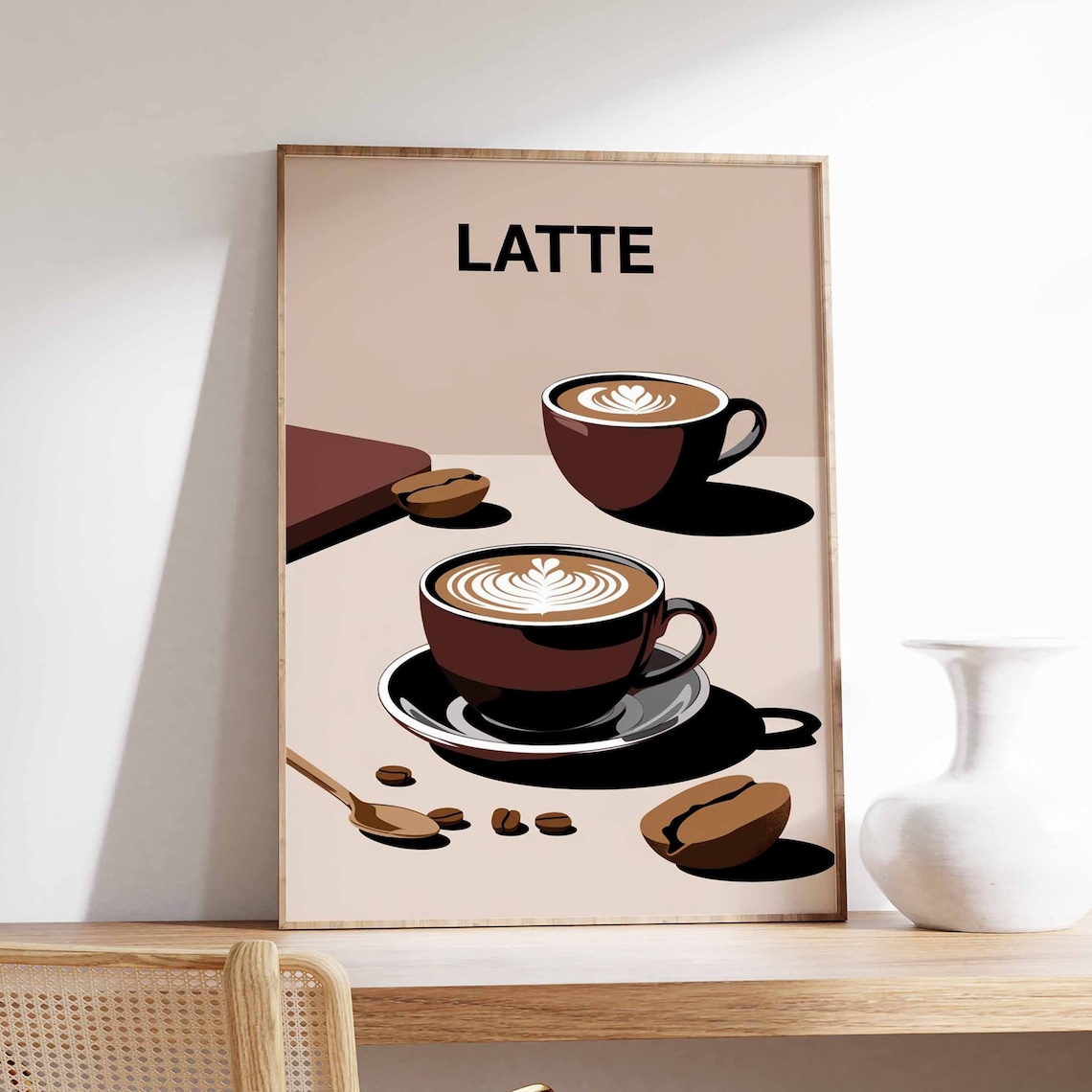 Latte Art Twin Cups Coffee Beans Minimal Kitchen Decor Poster