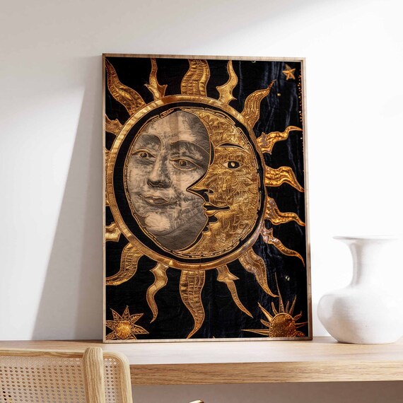 Black And Gold Embossed Sun And Moon Faces Velvet Style Poster