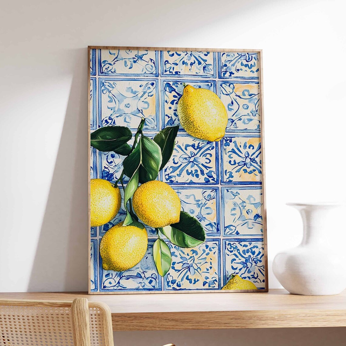 Sunny Lemon Branch on Blue Tiles Citrus Still Life Art Poster