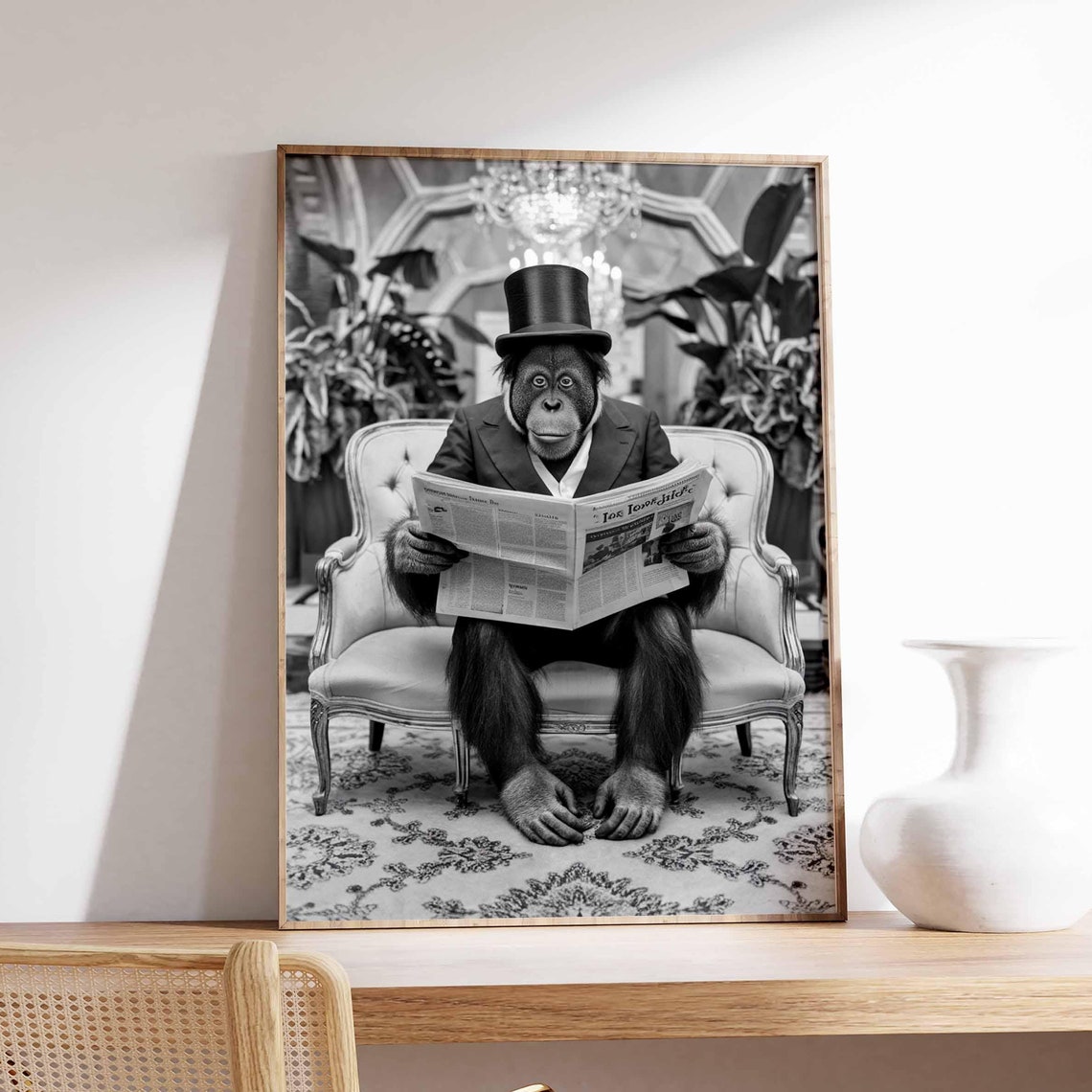Chimpanzee In Suit And Top Hat Reading Newspaper On Sofa Poster