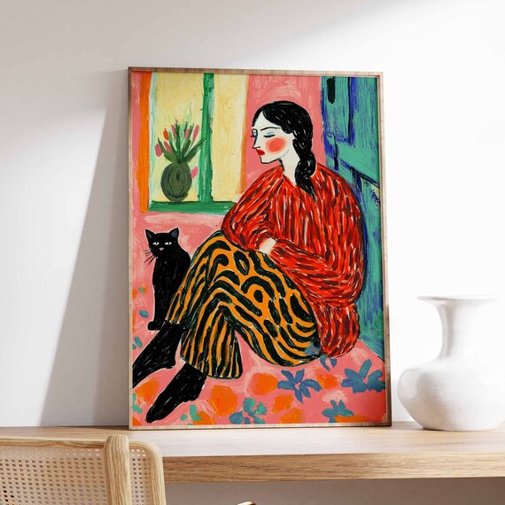 Woman By Window With Black Cat Red Striped Top Portrait Poster