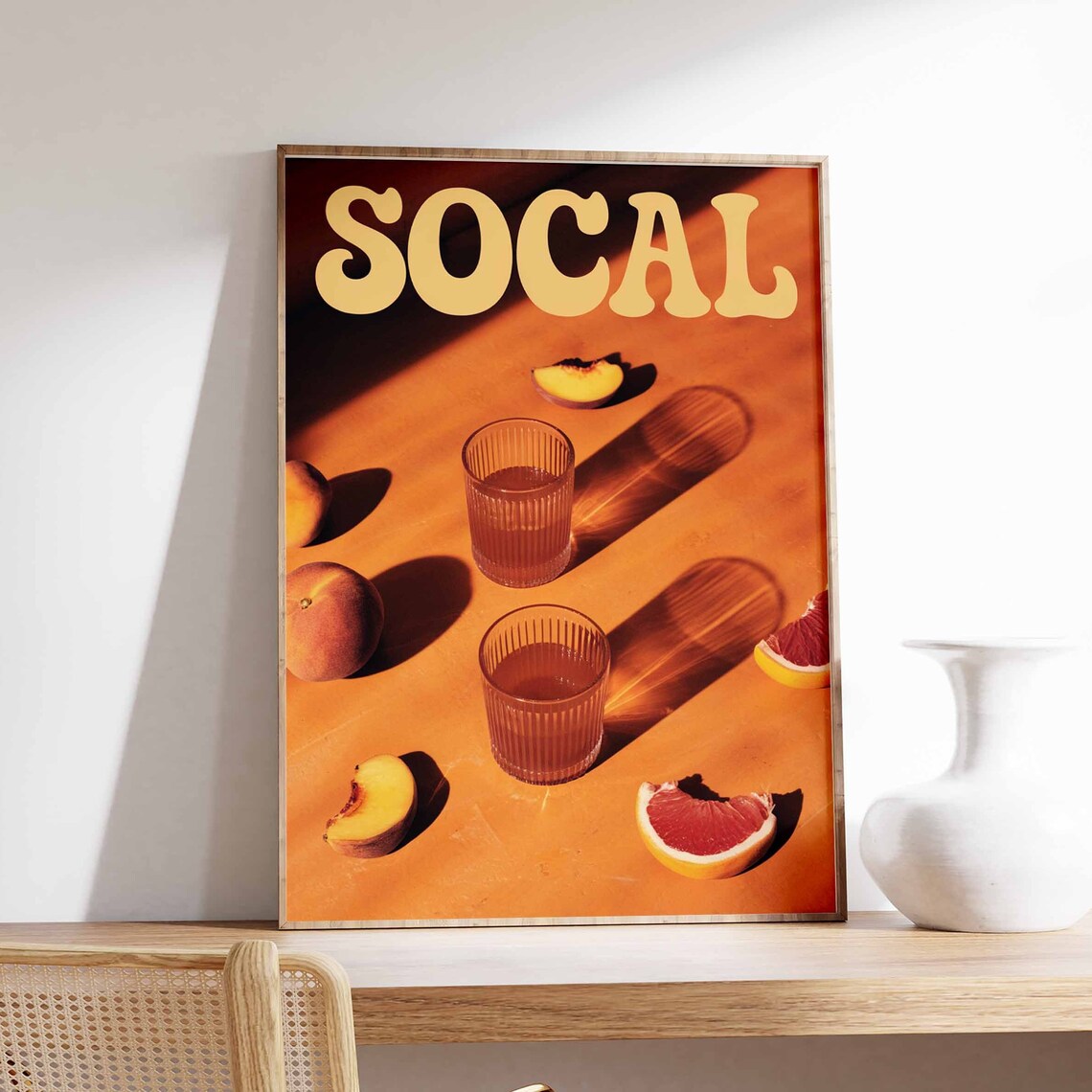 SoCal Yellow Retro Lettering Orange Citrus Drink Still Life Poster
