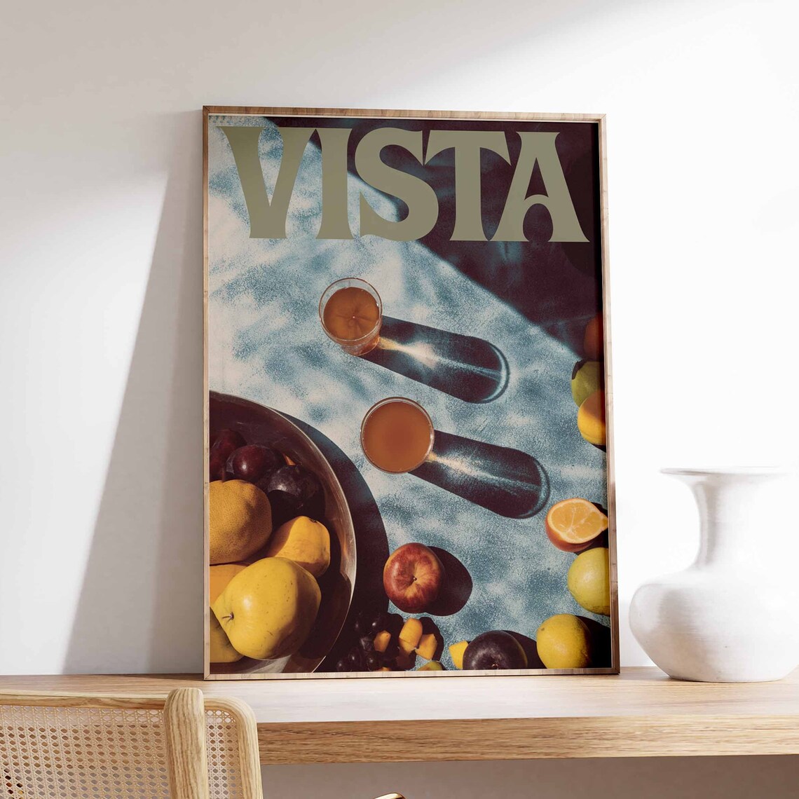 Vista Sage Green Text Dappled Blue Table Citrus Fruit Art Poster