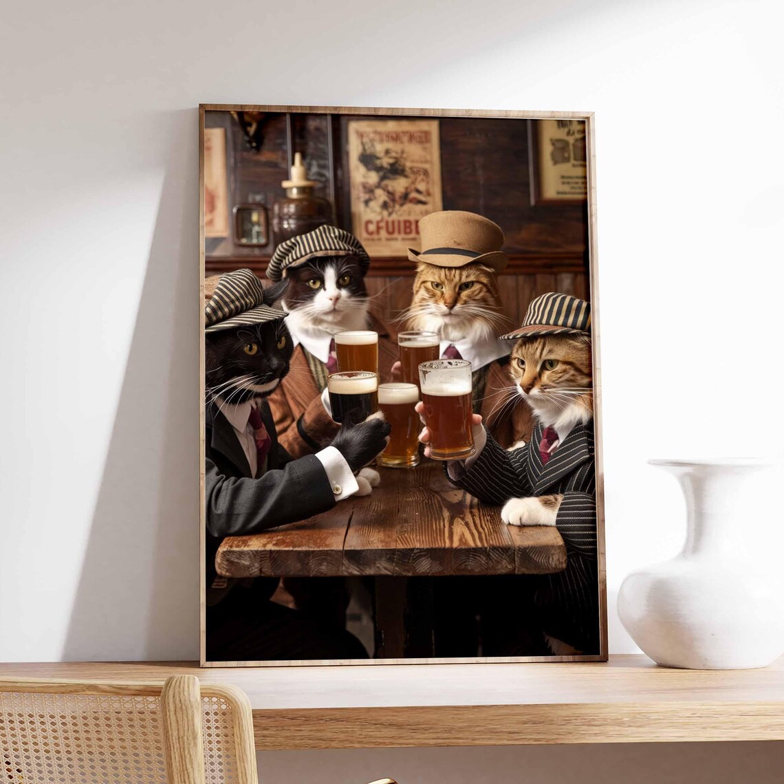 Four Cats In Vintage Suits Toasting Beer At Pub Table Poster