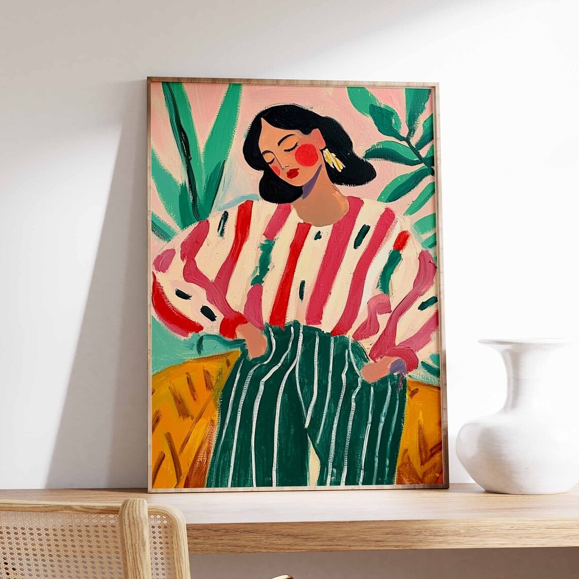 Woman in Pink Striped Blouse Green Striped Skirt Portrait Poster