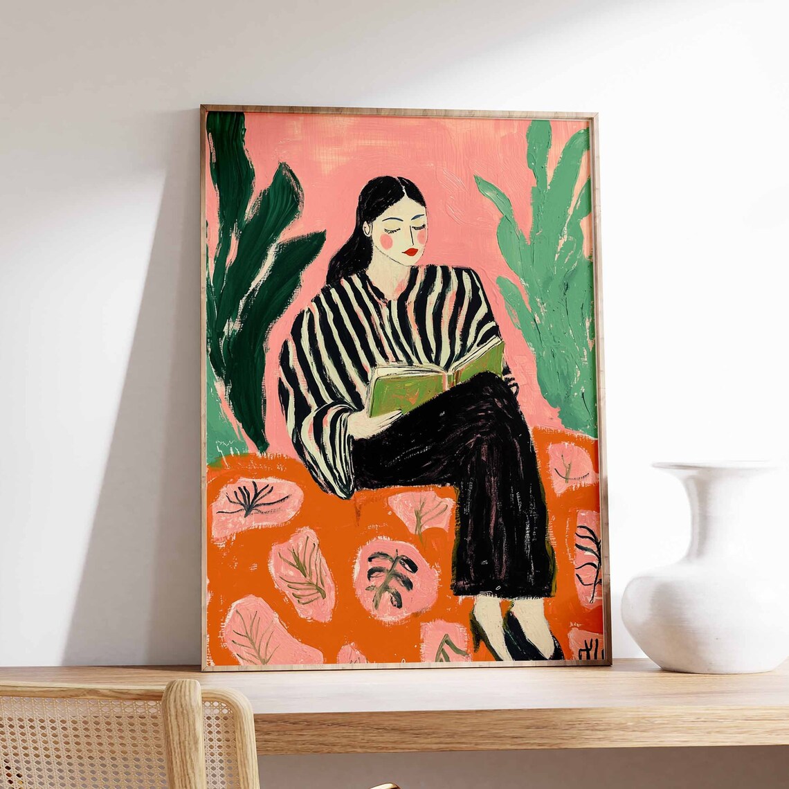 Woman Reading a Book Modern Colorful Botanical Illustration Poster