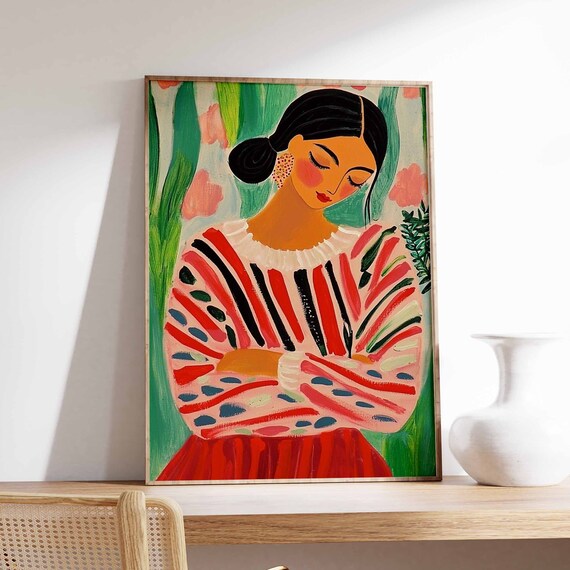 Woman With Hair Bun Red Striped Sweater Blossom Portrait Poster