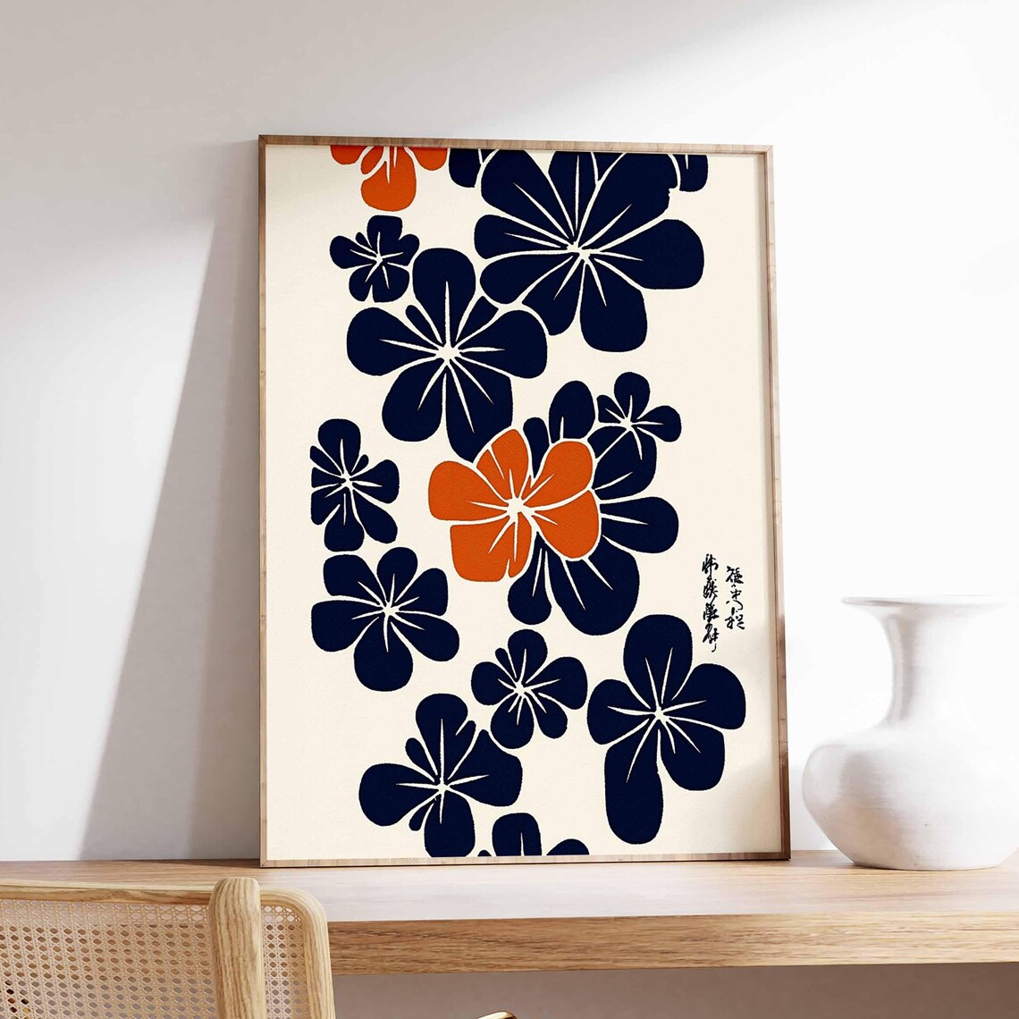 Japanese Navy Blossom Branches with Orange Poppy Minimalist Poster