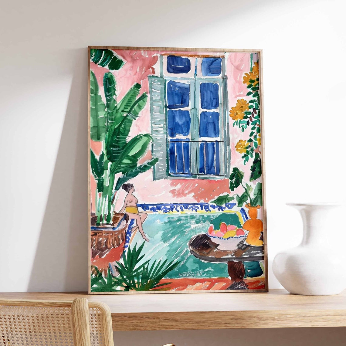 Moroccan Pool Scene Tiled Courtyard Woman Tropical Art Print