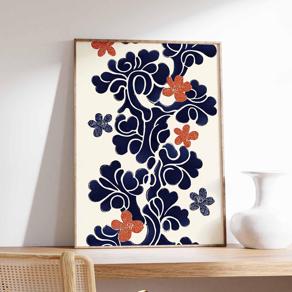 Japanese Navy And Red Floral Botanical Pattern Textile Art Poster