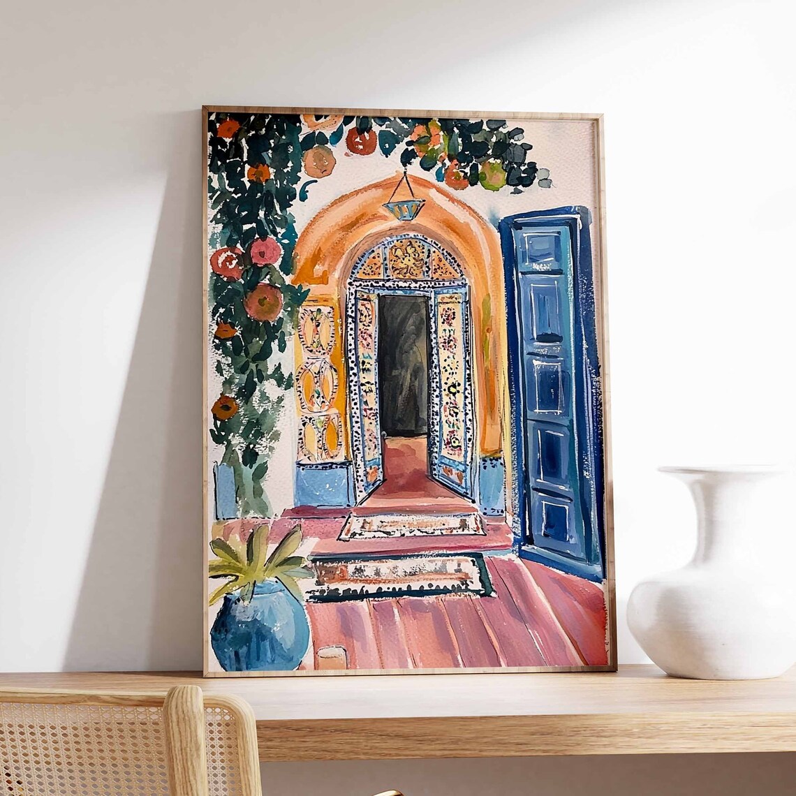 Mediterranean Arched Doorway With Blue Shutters Watercolor Art Poster