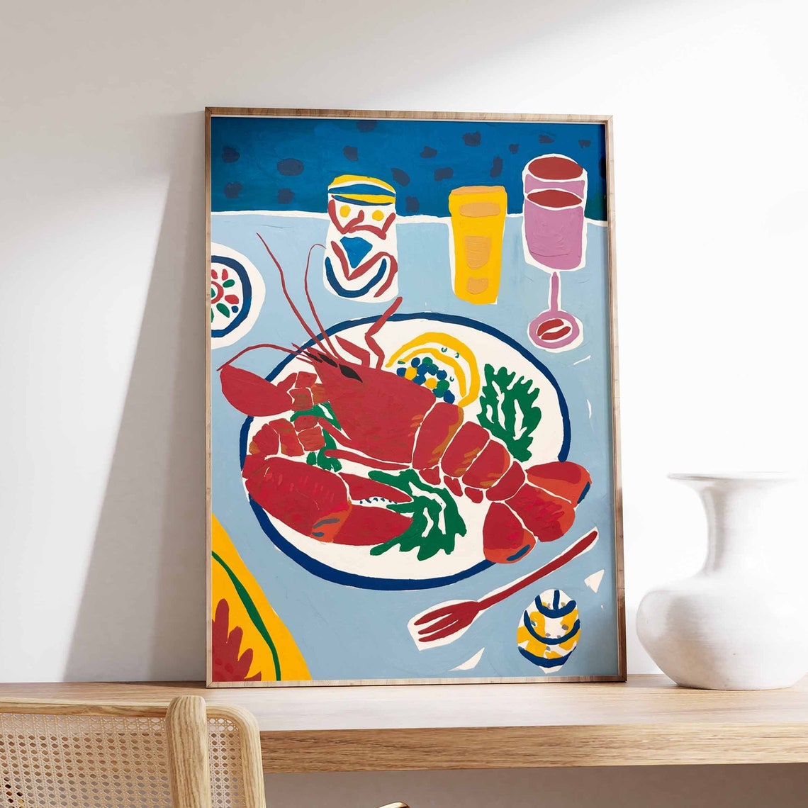 Red Lobster Dinner On A Plate With Drinks Coastal Seafood Poster