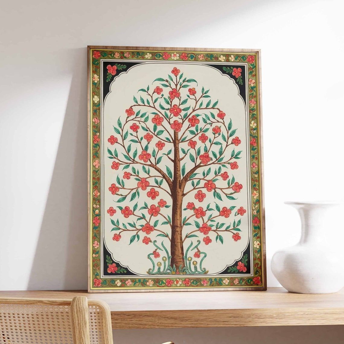 Red Blossom Cherry Tree Indian Folk Botanical Vintage Art Poster