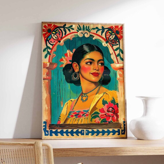 Latina Woman Portrait Under Teal Arch Vintage Folk Style Poster